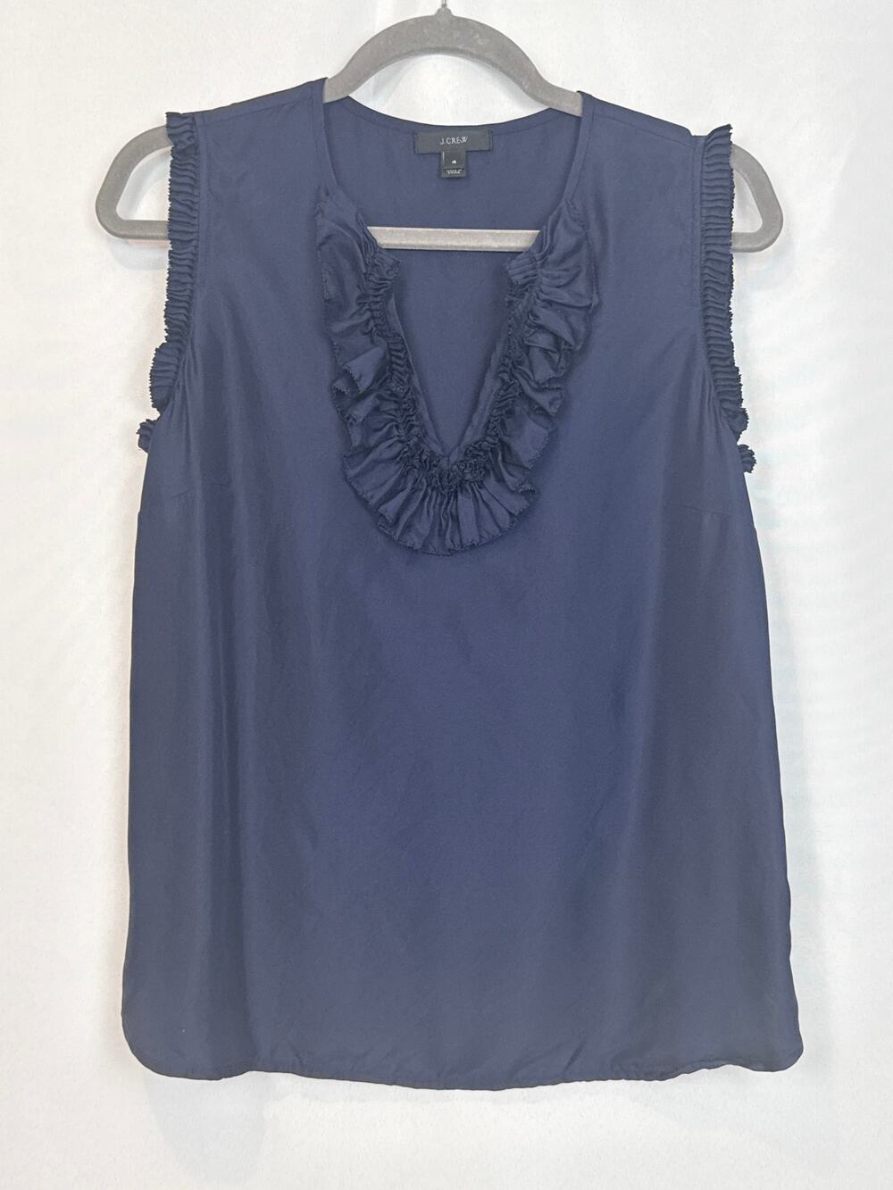 J.Crew Navy Silk Ruffle Trim V-Neck Sleeveless Top Size 4